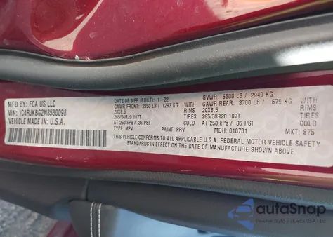 2022 Jeep Grand Cherokee L Limited 4X4 z USA, uszkodzony, nr VIN 1C4RJKBG2N8530098